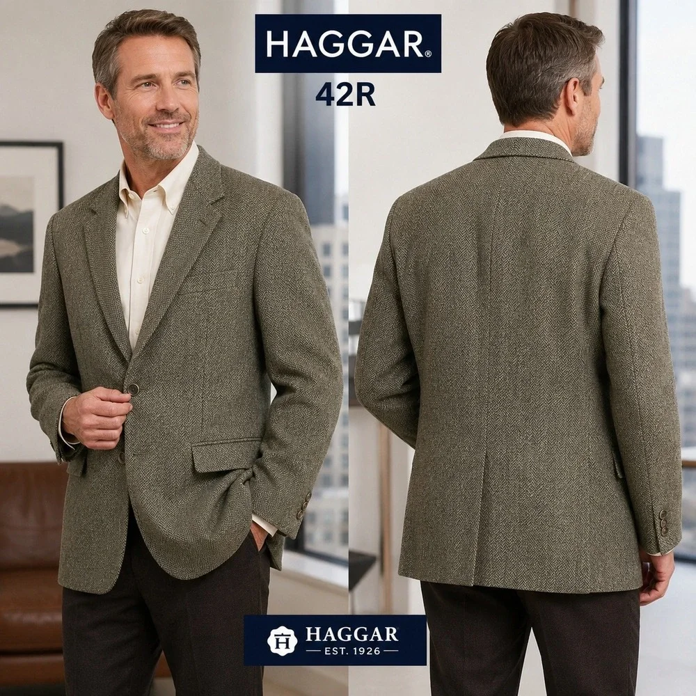 Haggar Mens‎ 42R Wool Herringbone Blazer Sport Coat Olive Brown Vintage